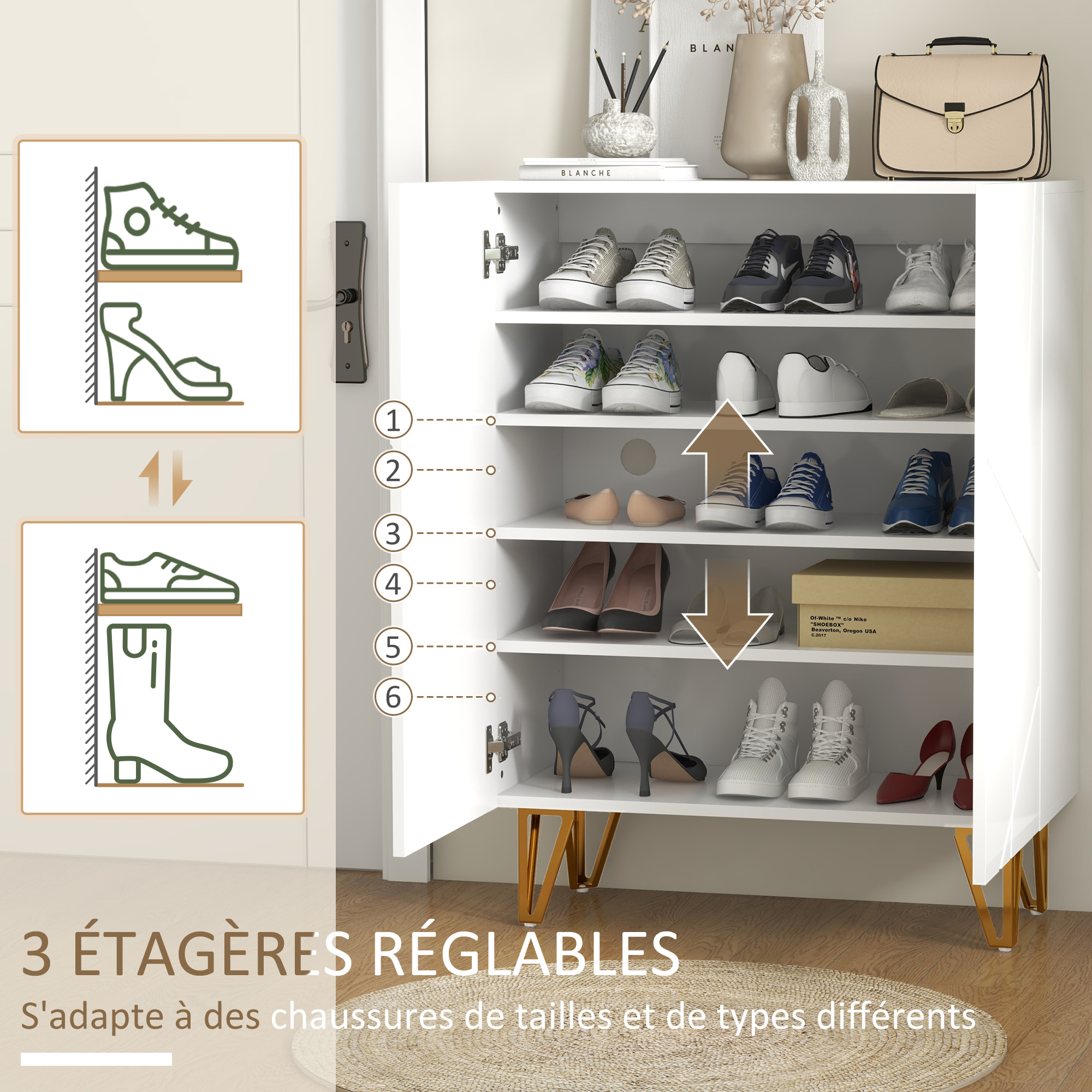 Meuble à chaussures style Art déco 2 portes 5 niveaux piètement épingle acier doré façade laquée blanc