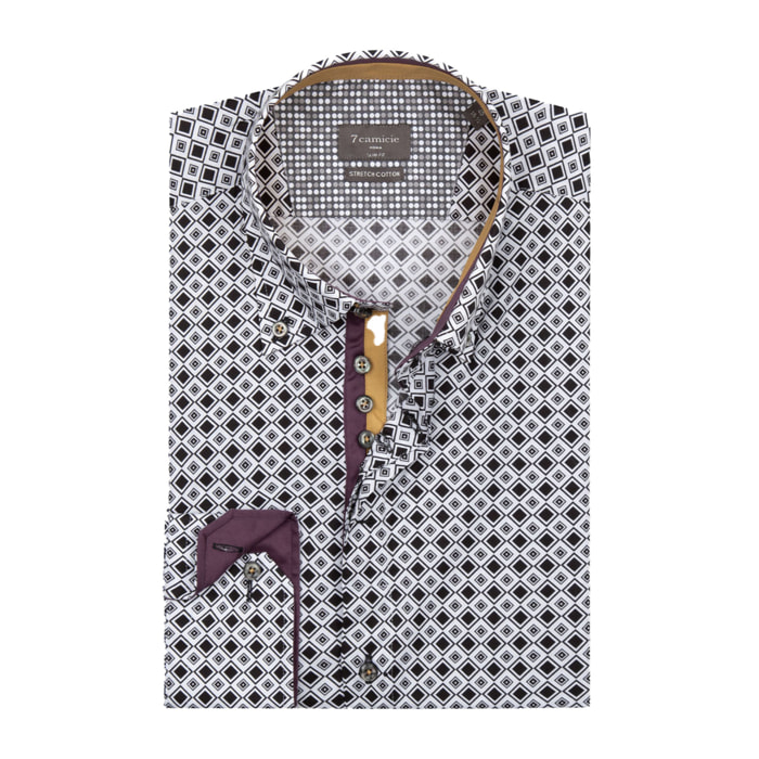 Camicia Uomo 2 Bottoni Button Down Slim Popeline Stretch Stampato Bianco/Nero