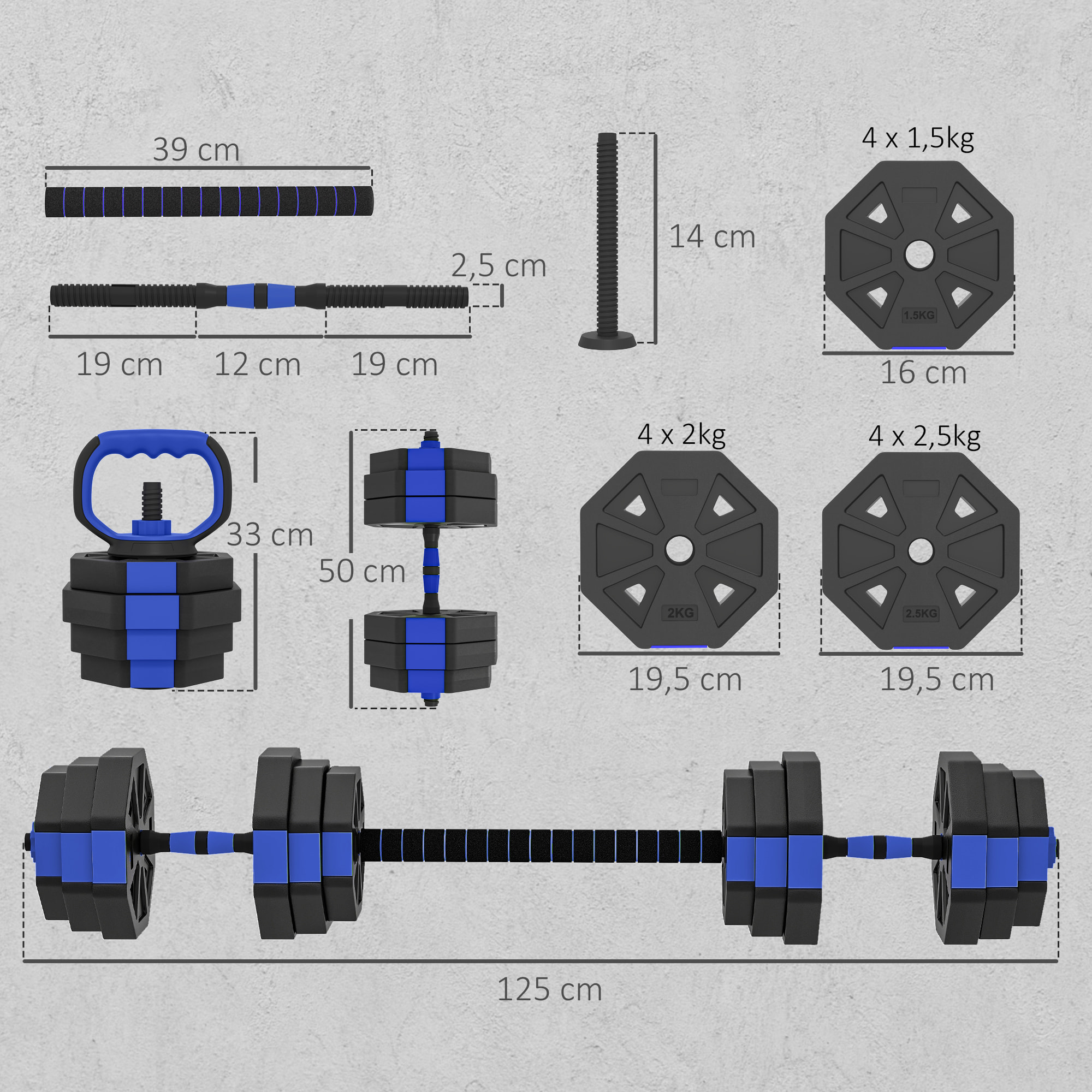 Ensemble d'haltères musculation multifonction 4 en 1 - haltères, kettlebell, push-up support, Olympic barre - total 25Kg - PVC bleu noir