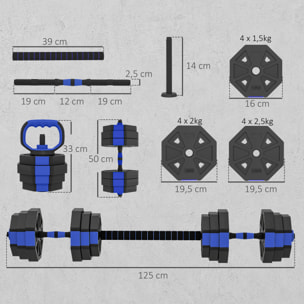 Ensemble d'haltères musculation multifonction 4 en 1 - haltères, kettlebell, push-up support, Olympic barre - total 25Kg - PVC bleu noir