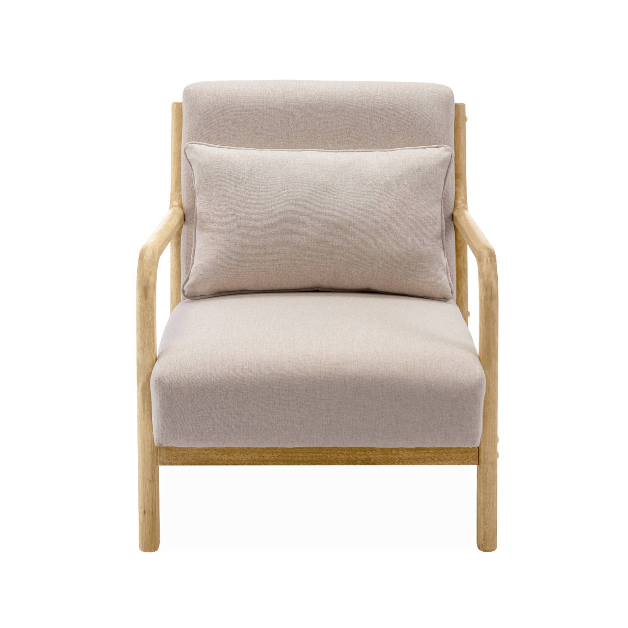 Fauteuil design en bois et tissu. 1 place droit fixe. pieds compas scandinave. structure en bois solide. assise confortable beige