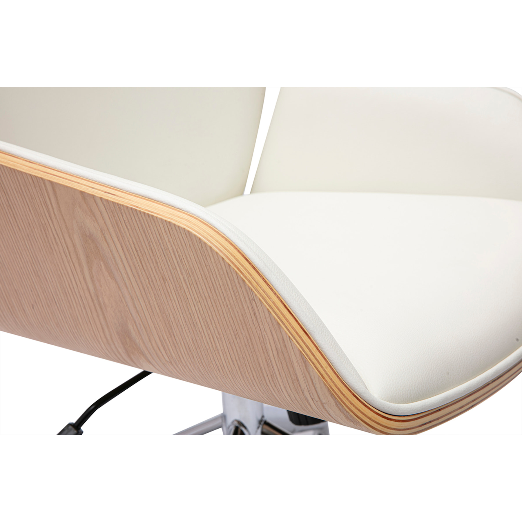 Chaise de bureau design pivotante 360° blanche, bois clair et métal chromé MARLOW