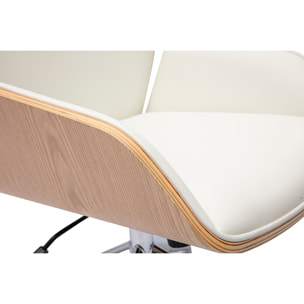 Chaise de bureau design pivotante 360° blanche, bois clair et métal chromé MARLOW