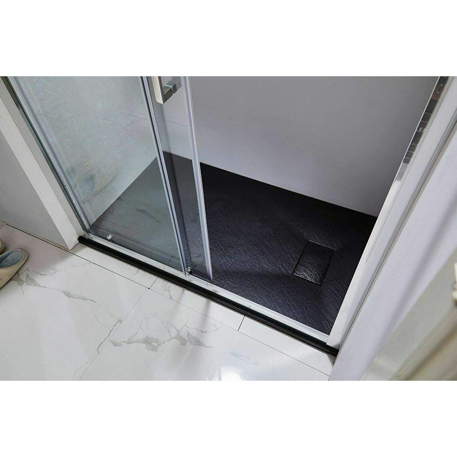 Piatto Doccia Spessore 2.6 Cm Resina SMC Effetto Pietra Stone Ardesia Antiscivolo Riducibile Filopavimento Con Griglia Di Copertura Nero 80x80 Cm
