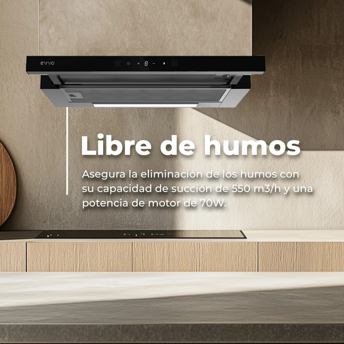 Campana Extractora Telescópica EVVO CE12 Black, 60 cm, 550 m³/h, 3 Velocidades, Energía A++