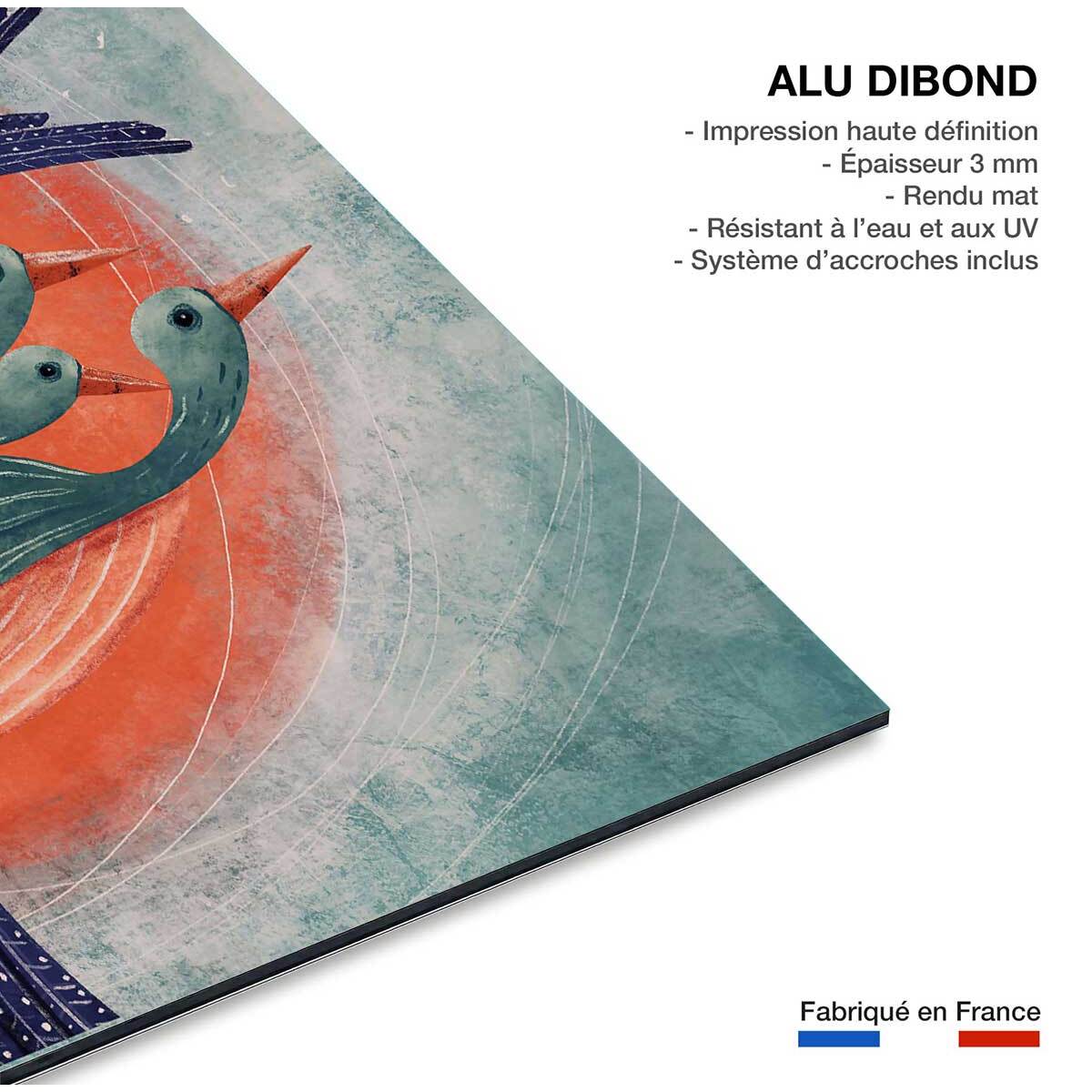 Tableau Affiche illustration oiseau lyre et soleil rouge Tableau alu Dibond