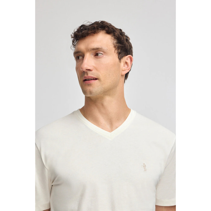 Maglietta ecrù a maniche corte e scollo a V con ricamo Rigby Best