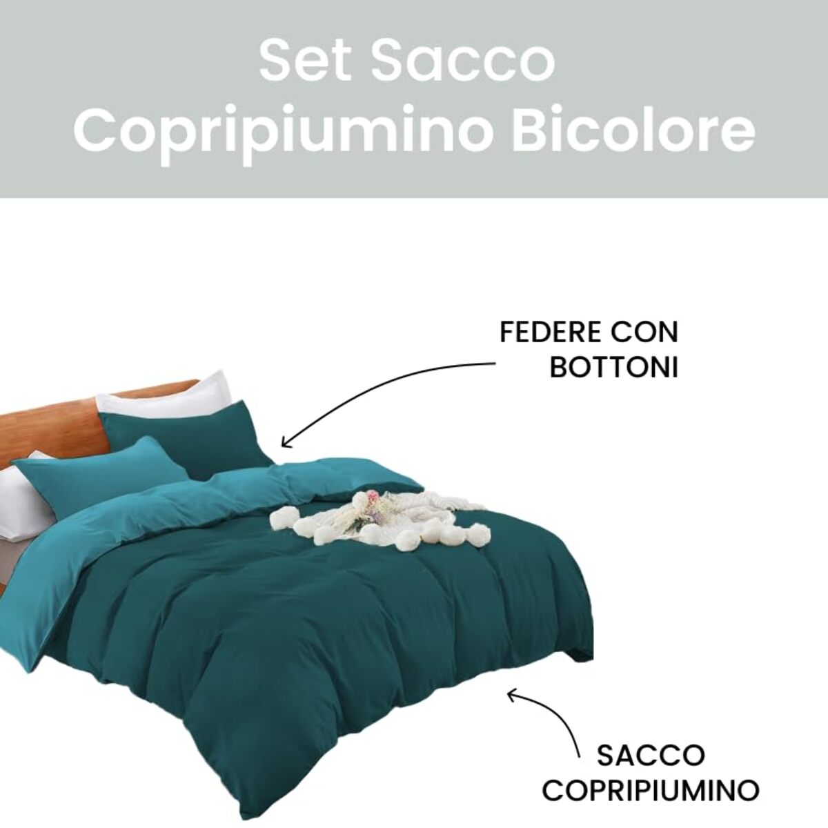 Parure Copripiumino Bicolore Matrimoniale, Set Sacco Copripiumino in Cotone con Federe