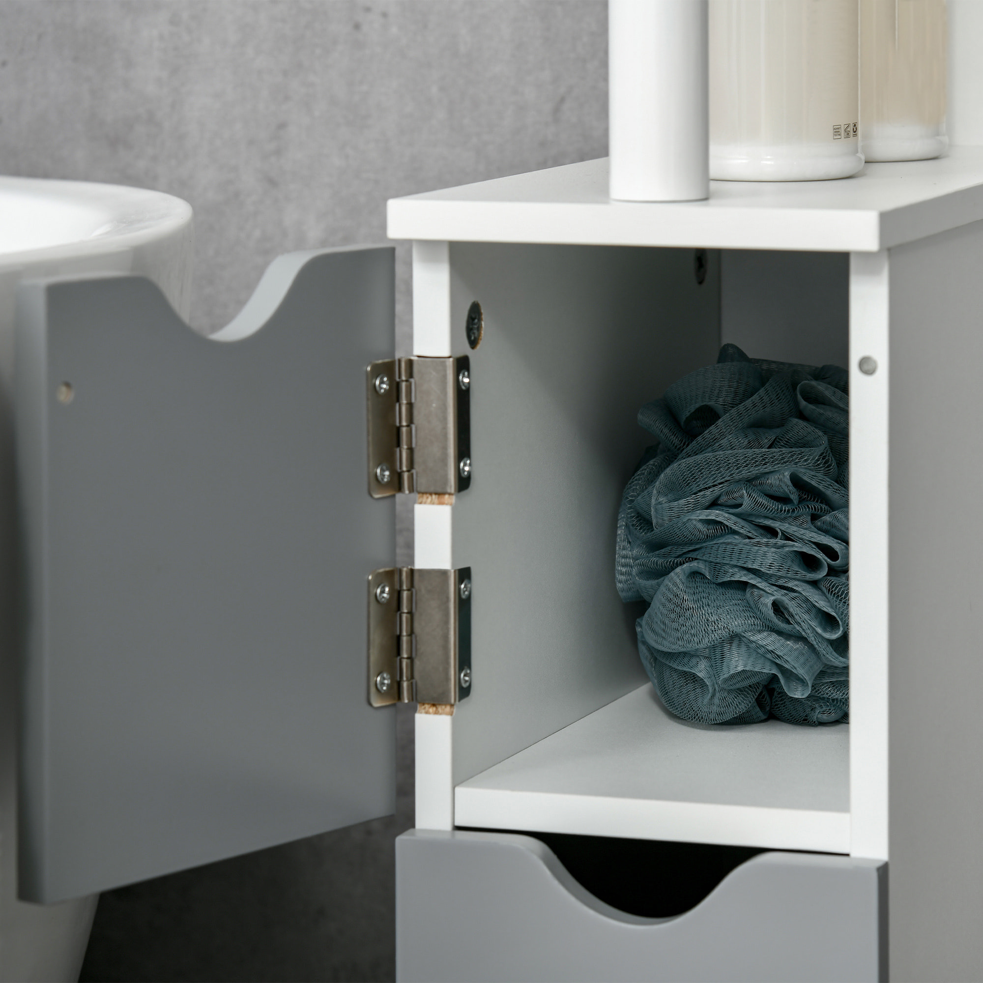 Columna de Baño Mueble de Baño con Puertas y Estantes Abiertos Armario de Baño Estilo Moderno 15,2x29,8x118 cm Blanco y Gris