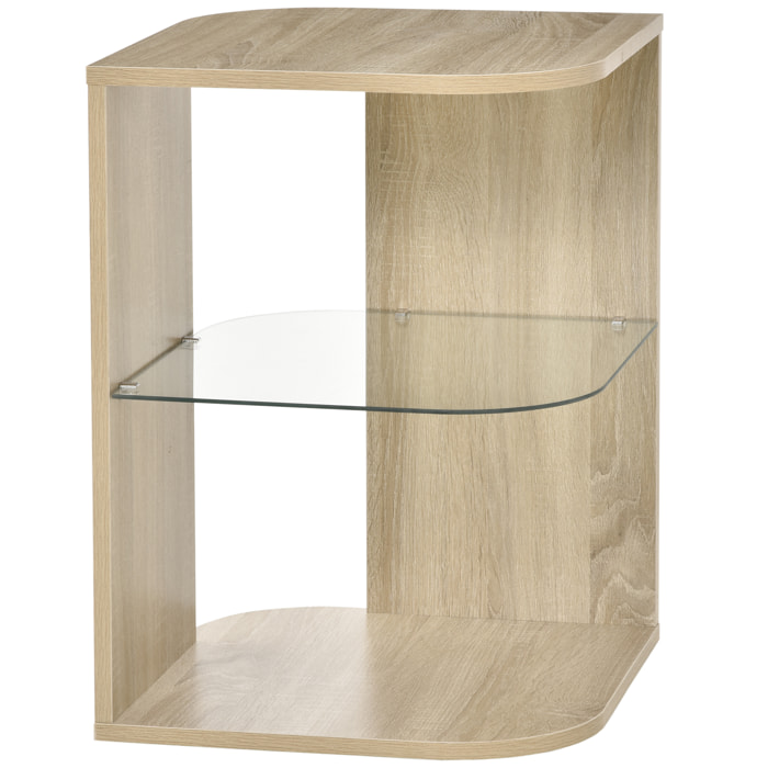 Guéridon design contemporain étagère verre trempé aspect chêne clair