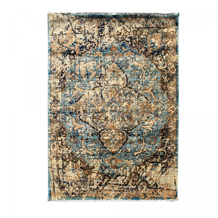 Petit tapis motif Oriental- vintage dans les teintes bleu et or