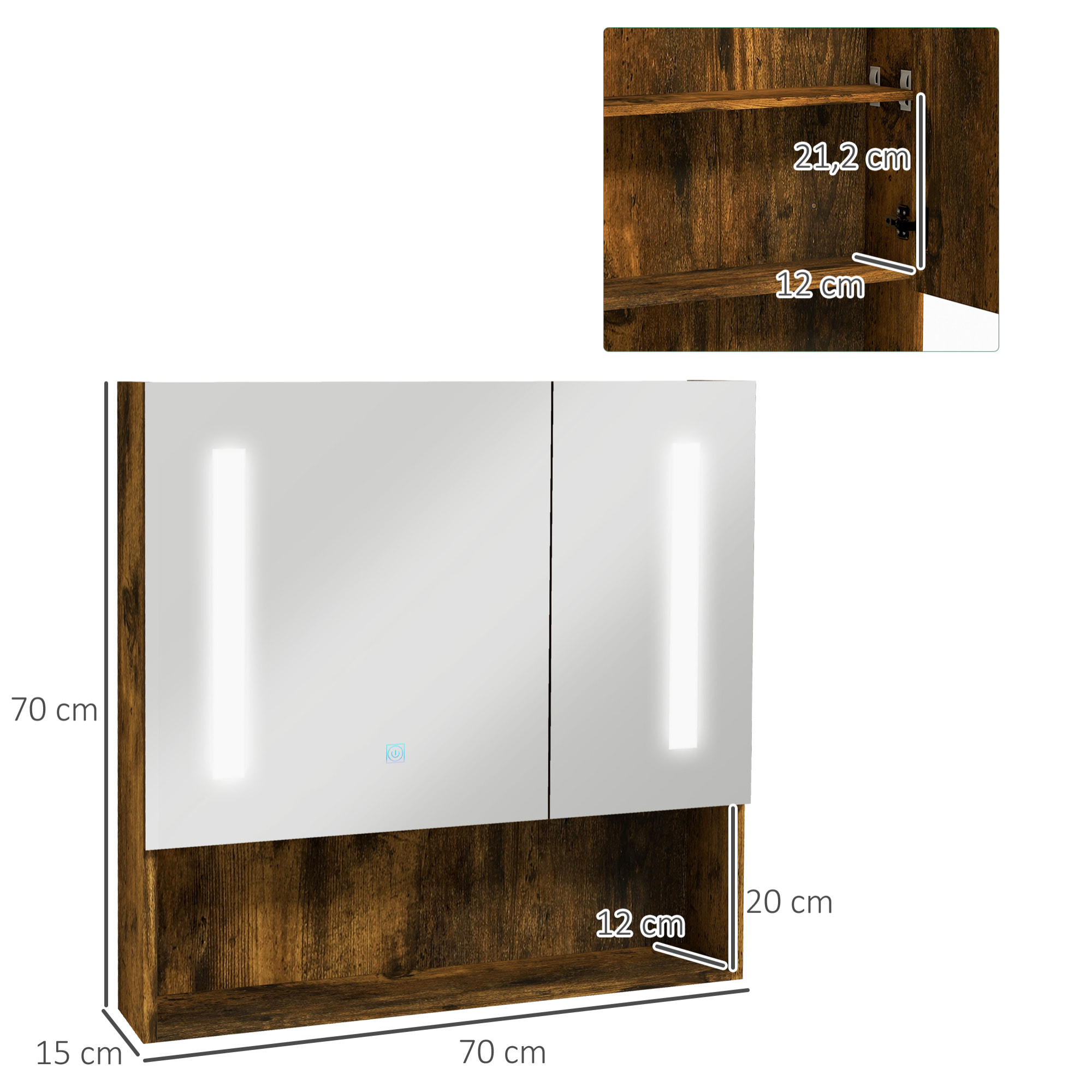 Armario de Baño con Espejo y Luz LED Mueble con Espejo de Pared con 2 Puertas Estante Ajustable Interruptor Táctil y Color de Luz Ajustable 70x15x70 cm Marrón Rústico