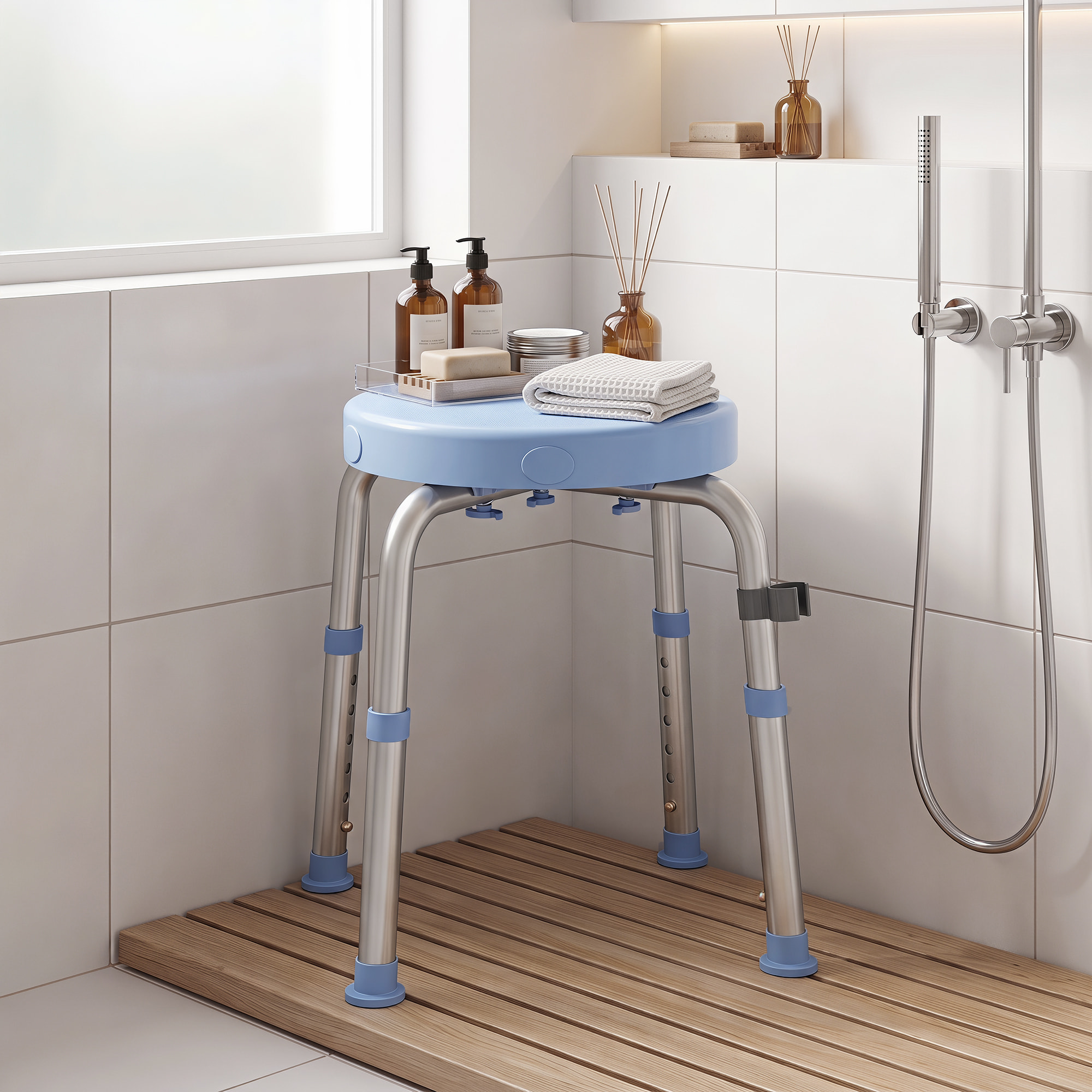 Silla Ducha Personas Mayores Giratorio 360°, Taburete Ducha con Marco de Aluminio, Altura Regulable en 5 Niveles, Antideslizante, Silla de Baño, Montaje Sin Herramientas, Carga 136 kg