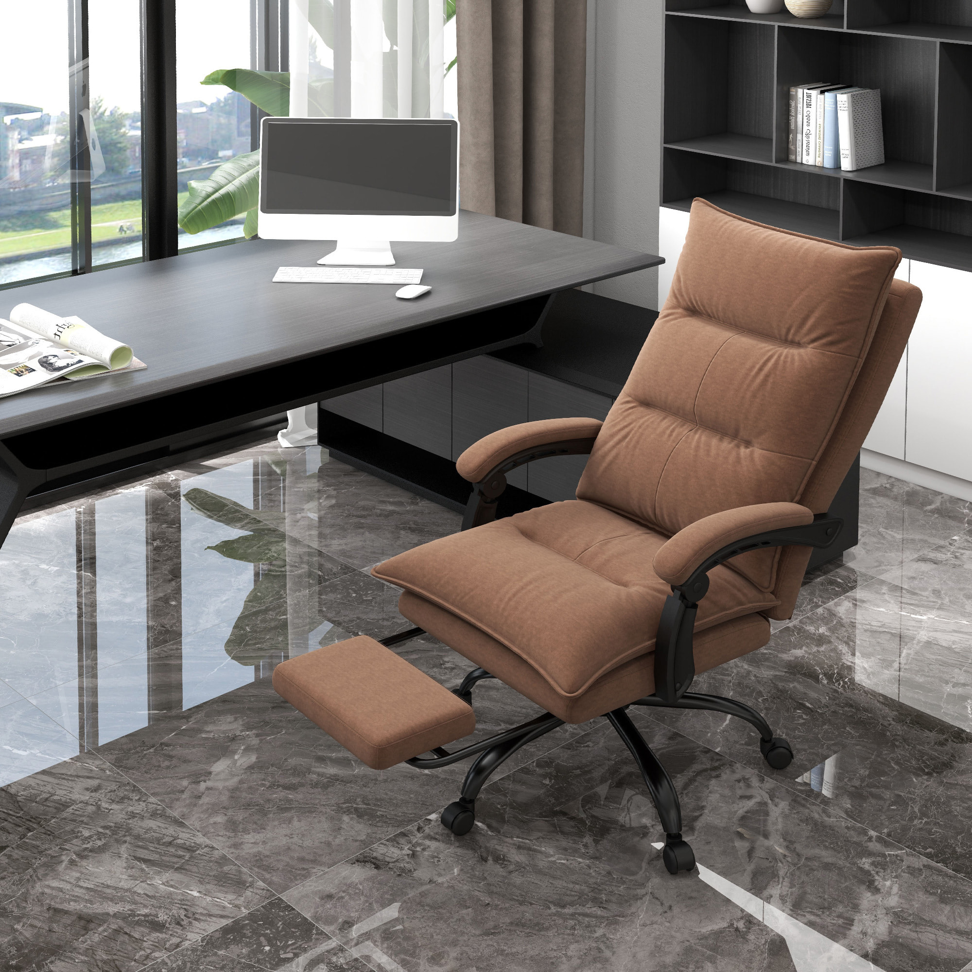 Fauteuil de bureau massant chauffant inclinable réglable repose-pieds rétractable microfibre marron