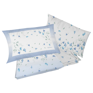 Completo letto pea flower azzurro 100% cotone