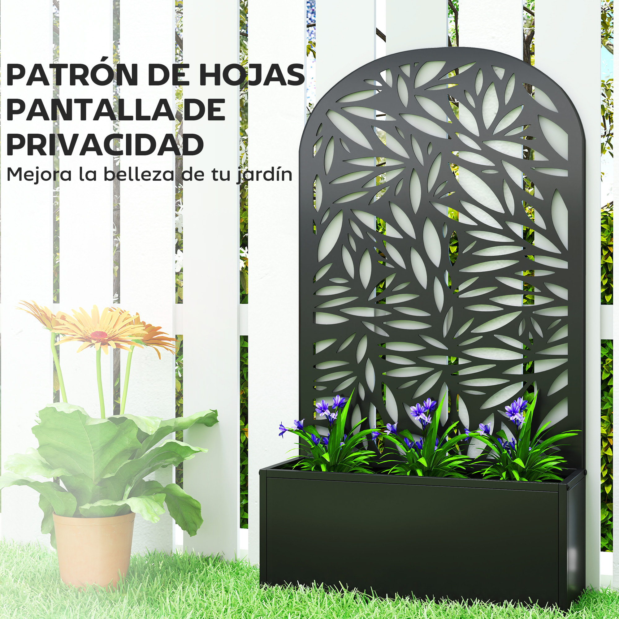 Jardinera Exterior Grande de Metal, Jardinera con Pantalla de Privacidad Curva de Hojas Decorativas, Macetero de Pared o Independiente para Plantas Trepadoras, Patio, 61x23x113 cm, Negro