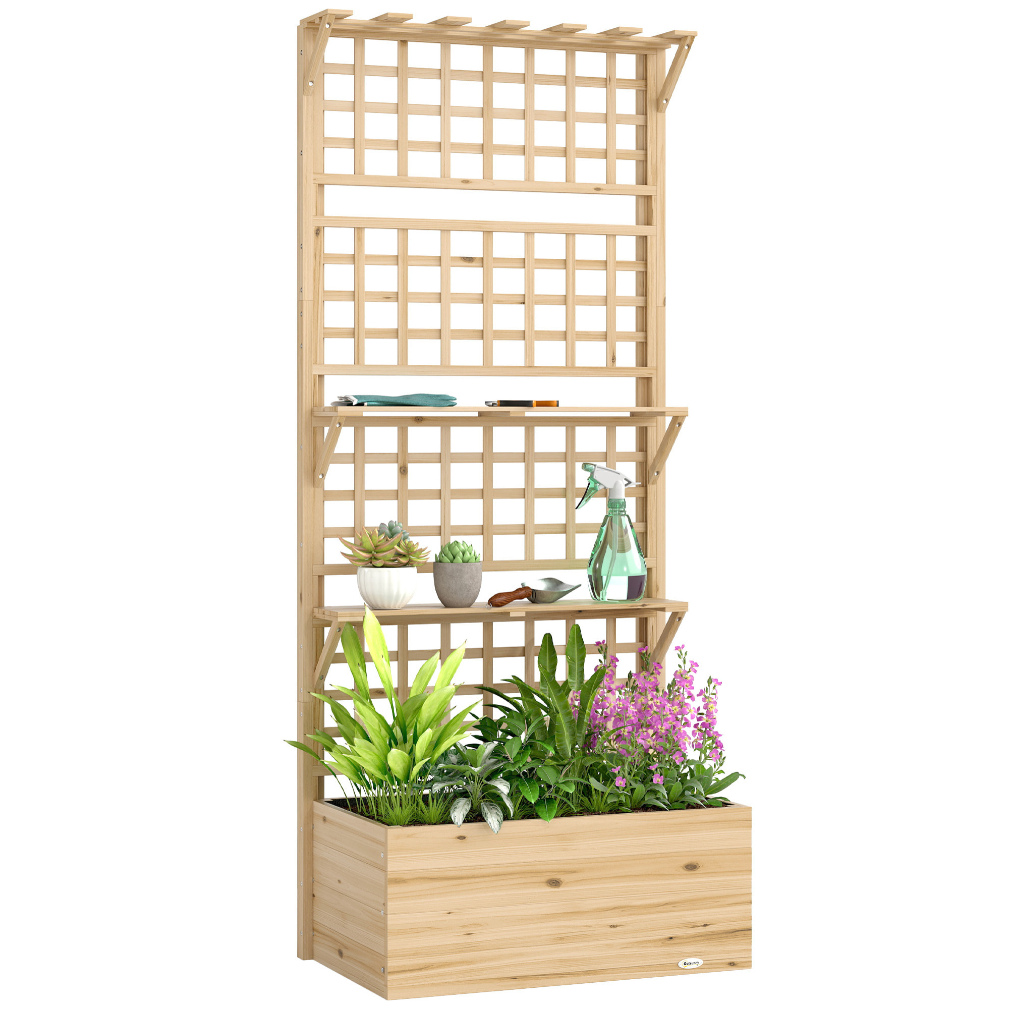 Jardinera con Enrejado y Techo de Madera, Jardinera Exterior Grande para Plantas Trepadoras, con 2 Estantes, Drenaje y Forro, Macetero Elevado para Patio, Terraza, 76x43,5x177 cm, Natural