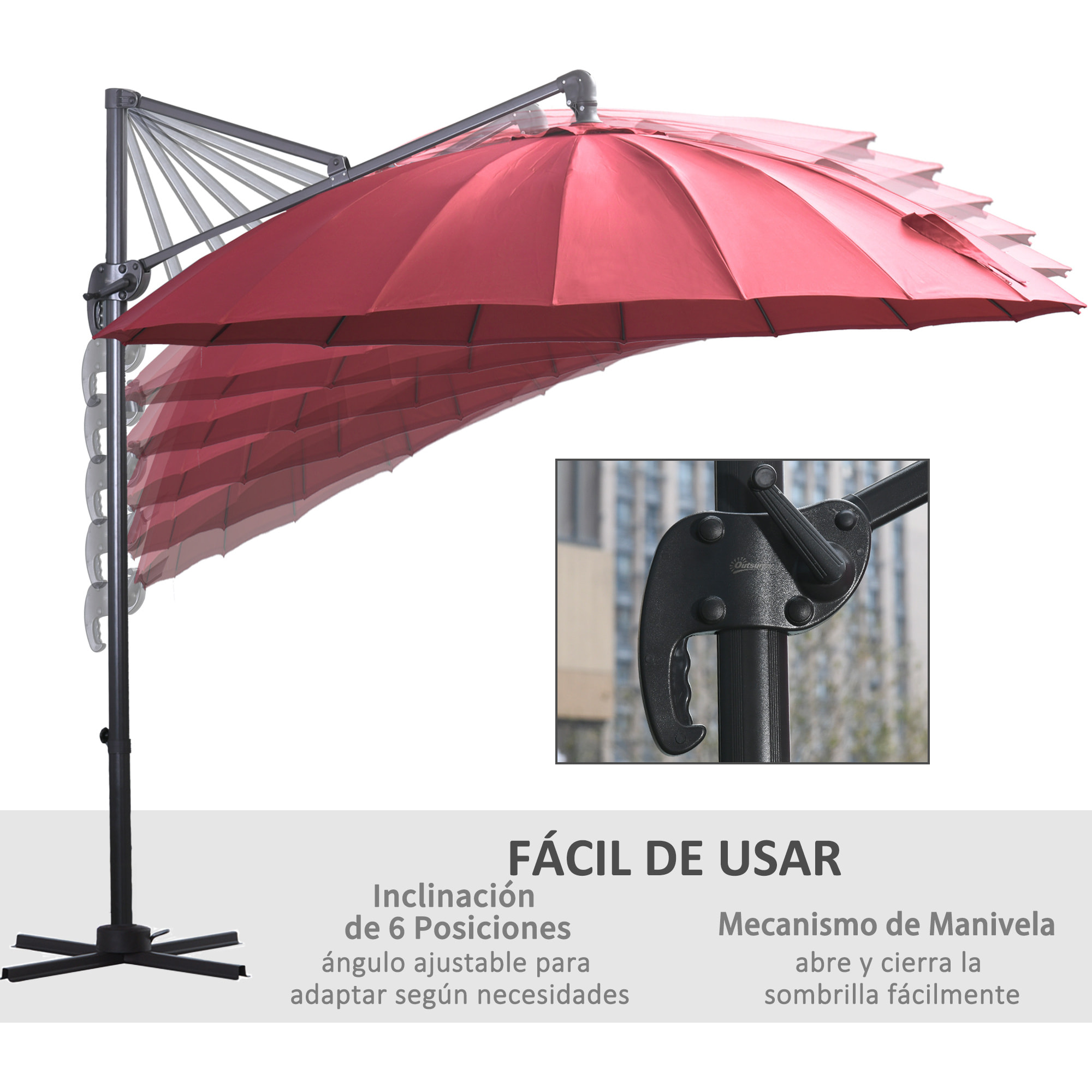 Sombrilla Jardín Ø300cm con Manivela Poste Giratorio 360° Techo Inclinable Rojo