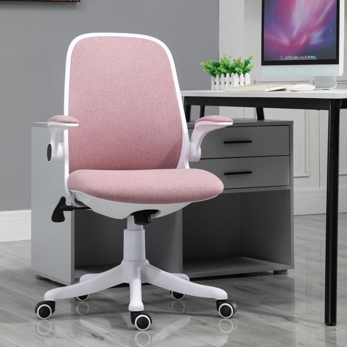 Vinsetto Chaise de bureau tissu lin hauteur réglable pivotante 360° accoudoirs relevables support lombaires réglable rose