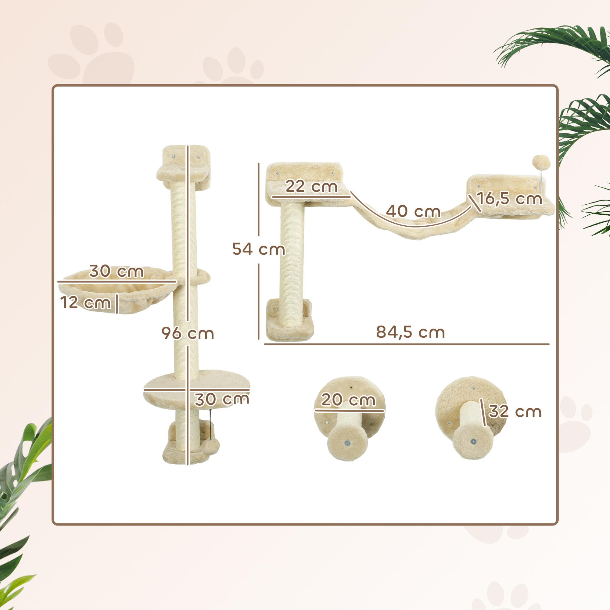 Juego de Estanterías para Gatos de 4 Piezas Rascador de Pared para Gatos con Hamaca Postes Rascadores Escalera Blanda Bola Plataformas para Saltar Beige