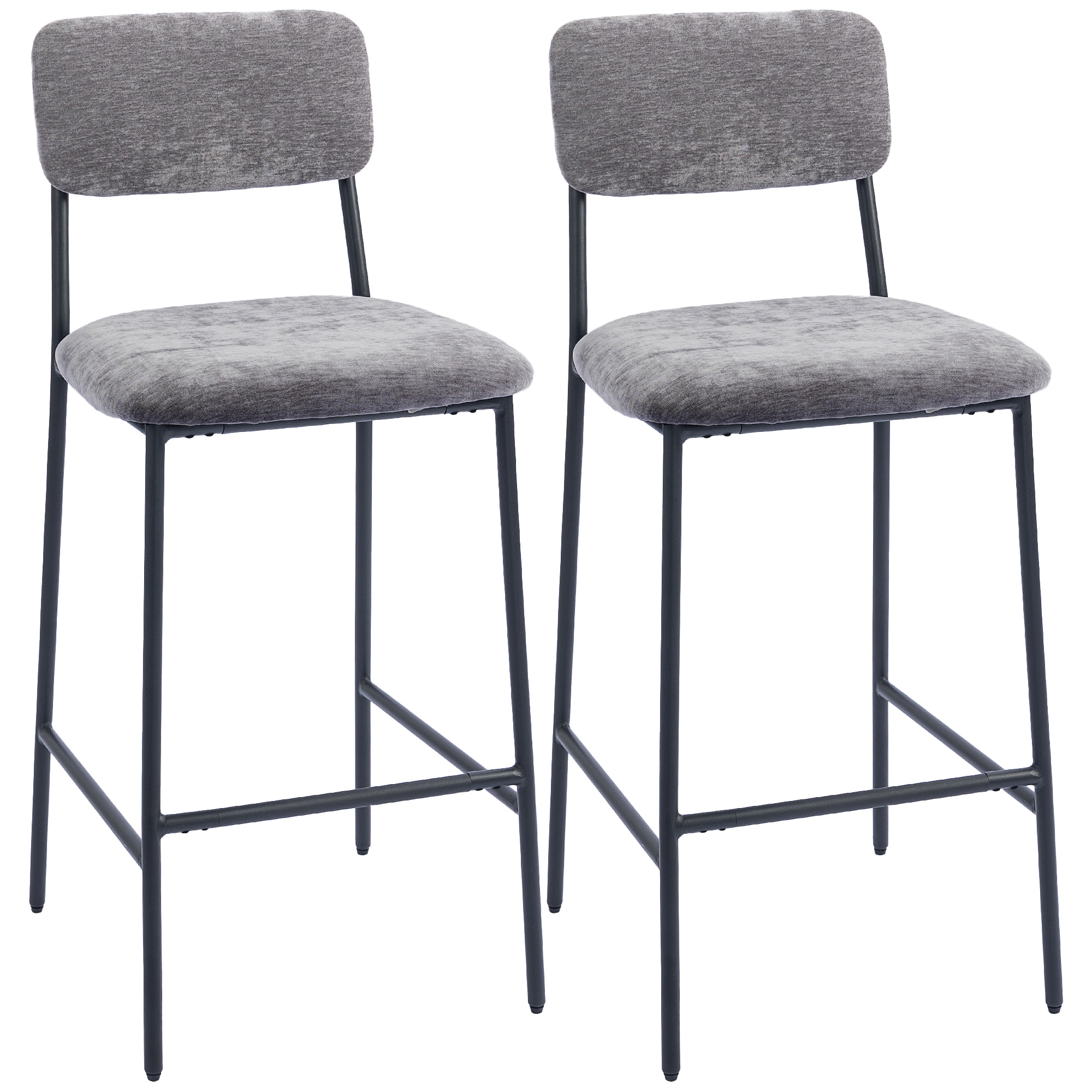Lot de 2 tabourets de bar style vintage assise large dossier haut acier noir tissu chenille gris