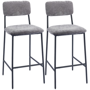 Lot de 2 tabourets de bar style vintage assise large dossier haut acier noir tissu chenille gris