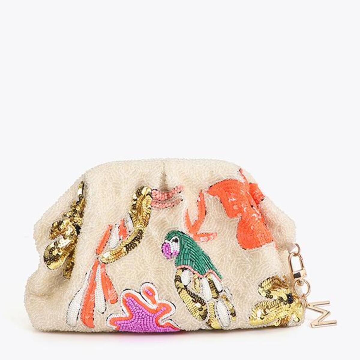 Borsa a mano con strass a forma di pappagallo