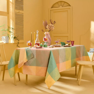 Nappe pur coton enduit 205 g/m² motif jacquard rose jaune Mille empreintes pastel