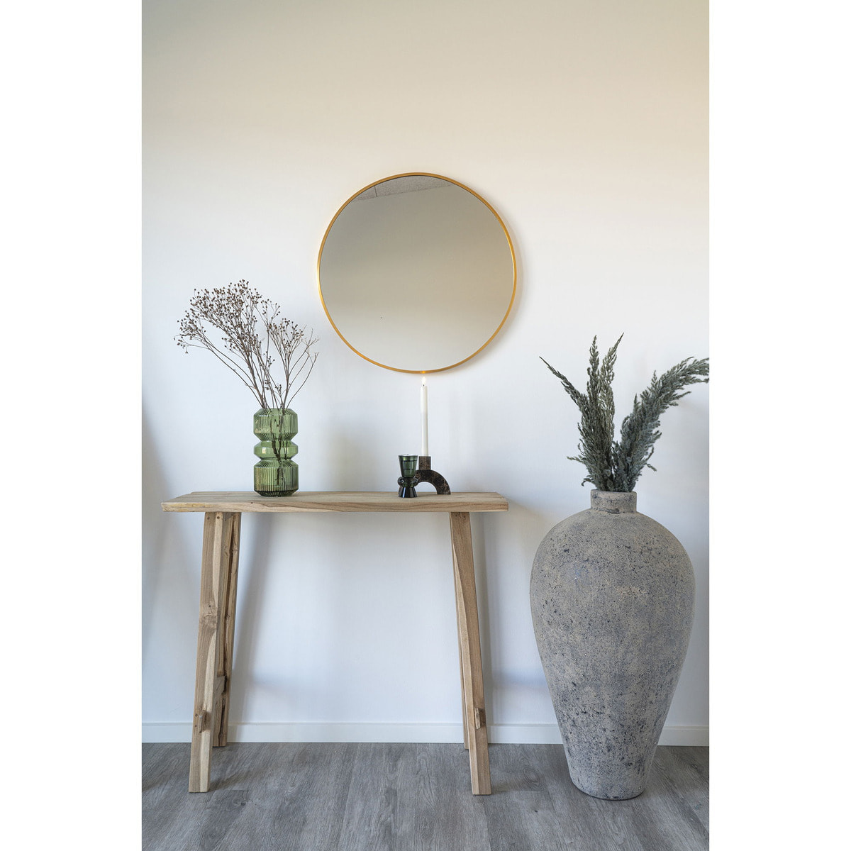 Consolle Girona in teak naturale con gambe a cavalletto, 90×30×80 cm