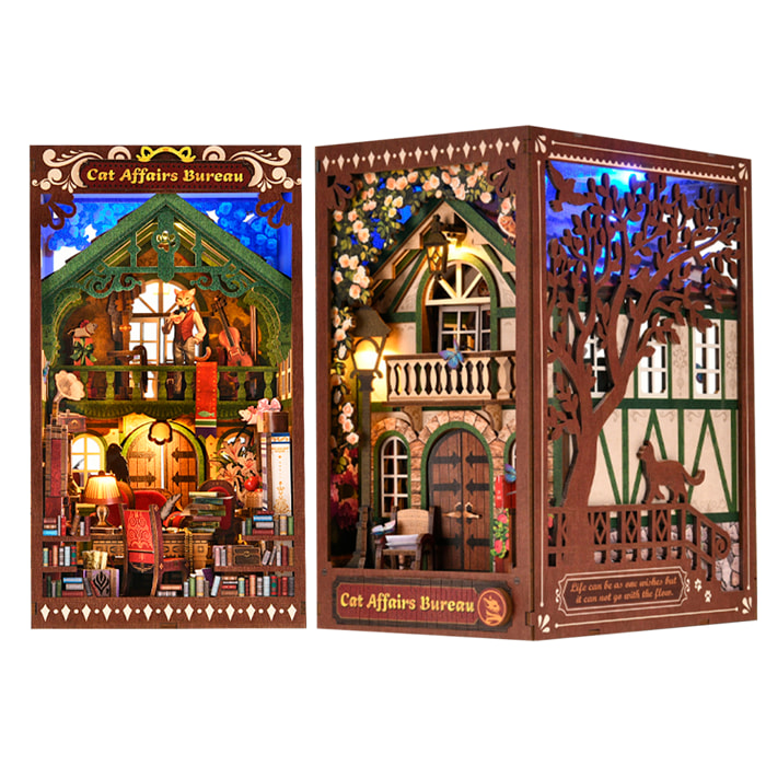 Ufficio Gatti. Book Nook in legno, design 3D realistico con grande dettaglio, copertura e luci LED.