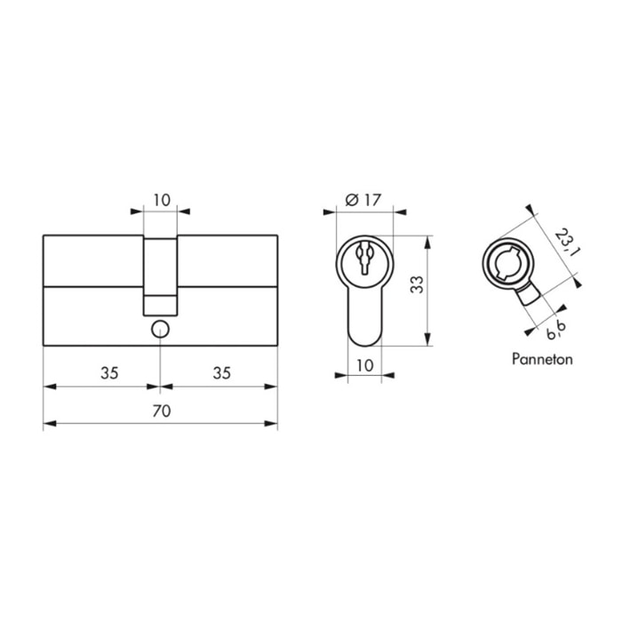 Cylindre de serrure double entrée SA, 35 x 35 mm, anti-arrachement, nickel, 3 clés - 1 pièce - THIRARD - 00016278