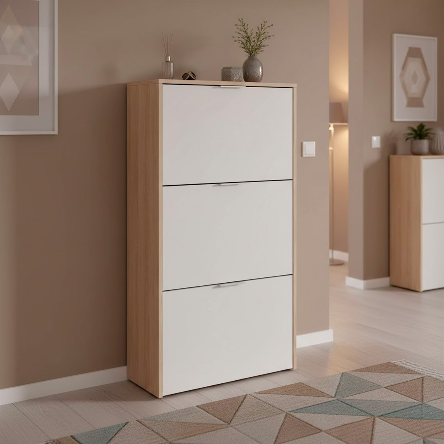 Mobile Portascarpe Salvaspazio Con 3 Ante A Ribalta Capacità Fino A 18 Paia Scarpiera Design Moderno 113 x 60 x 22 Cm Rovere E Bianco Lucido