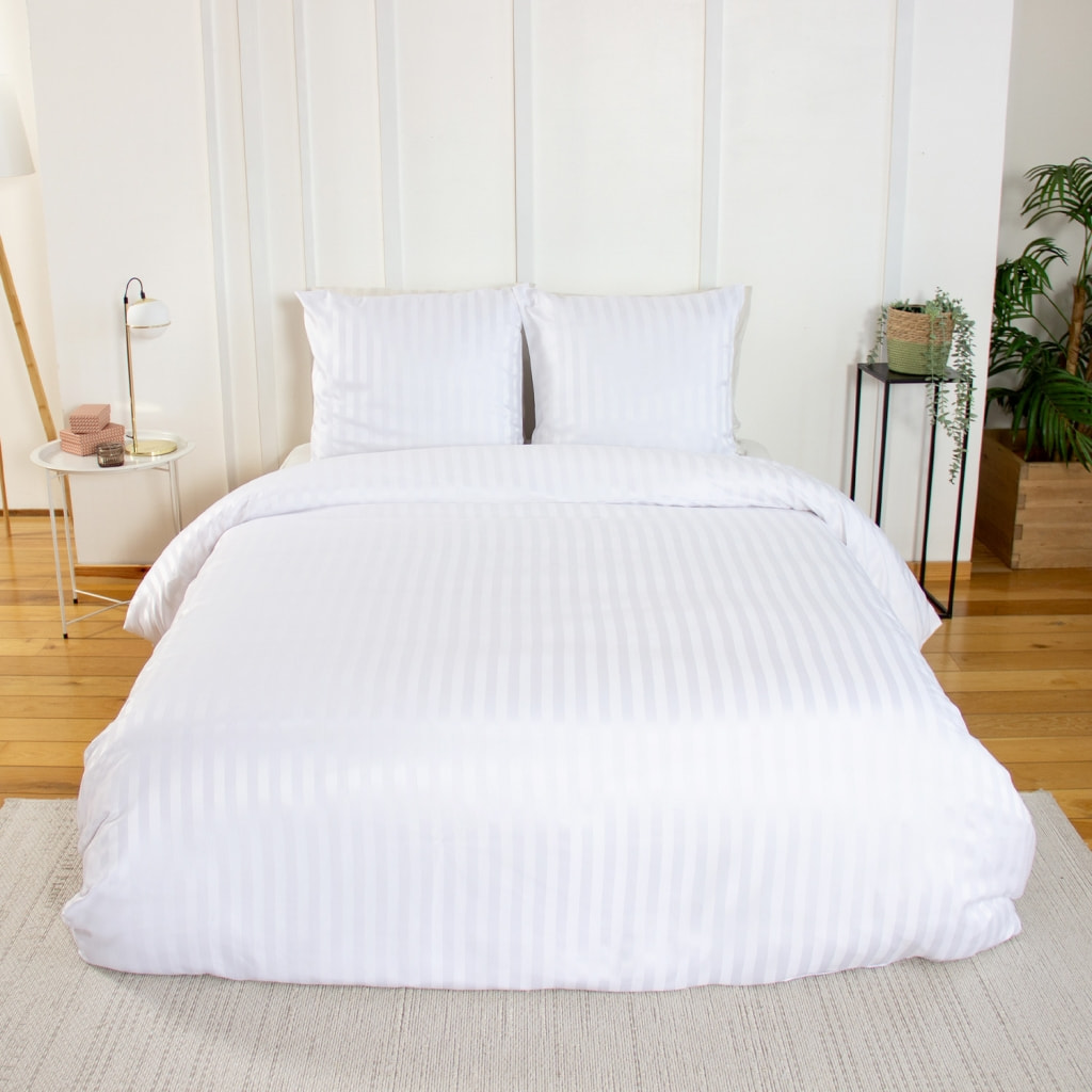 Parure de lit polyester effet satin fines rayures 2 places blanc 240x220cm - Andréa