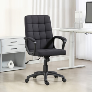 Silla de Oficina, Silla de Escritorio Giratoria, Tapizada en Lino Sintético, Altura Ajustable, Basculante, Respaldo Medio, con Reposabrazos, Ruedas, Negro