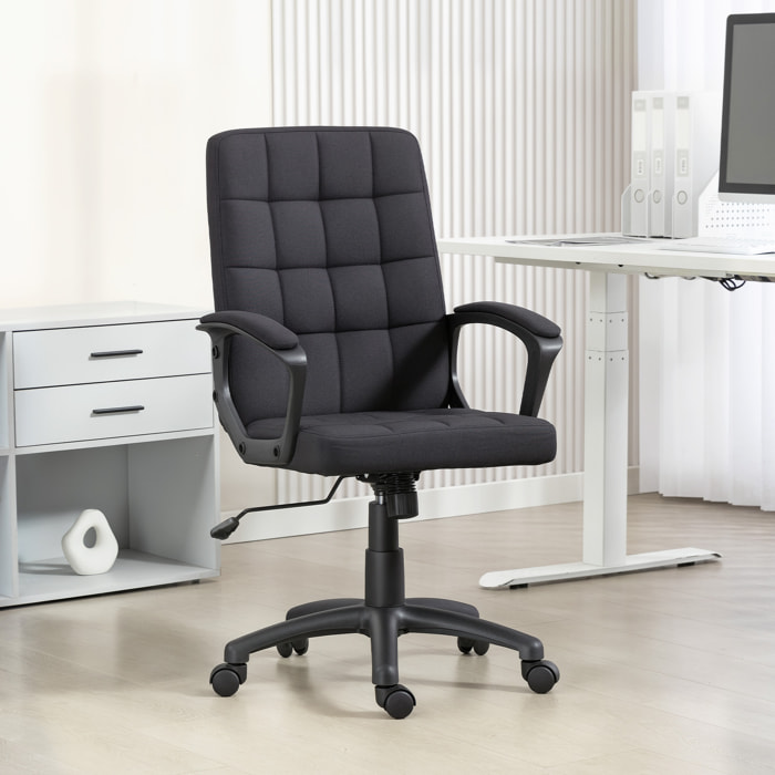 Silla de Oficina, Silla de Escritorio Giratoria, Tapizada en Lino Sintético, Altura Ajustable, Basculante, Respaldo Medio, con Reposabrazos, Ruedas, Negro