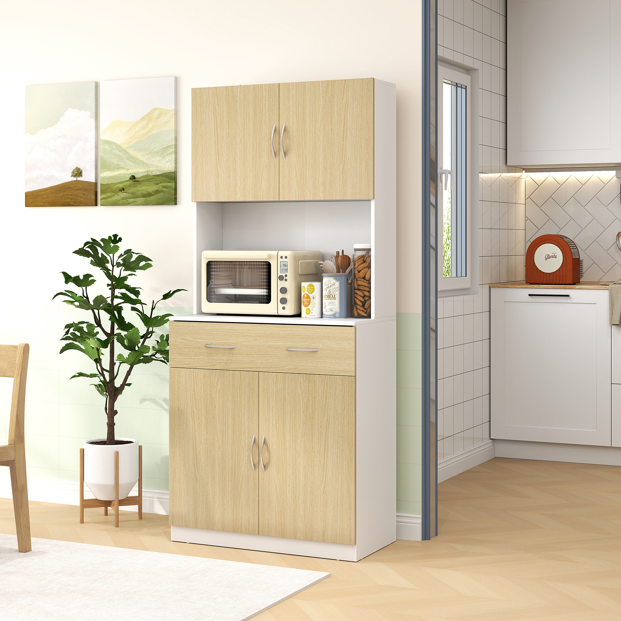 Alacena de Cocina Armario de Cocina Mueble Auxiliar de Cocina con Puertas Cajón y Estantes Ajustables Antivuelco para Comedor Salón 80x40x180 cm Natural y Blanco