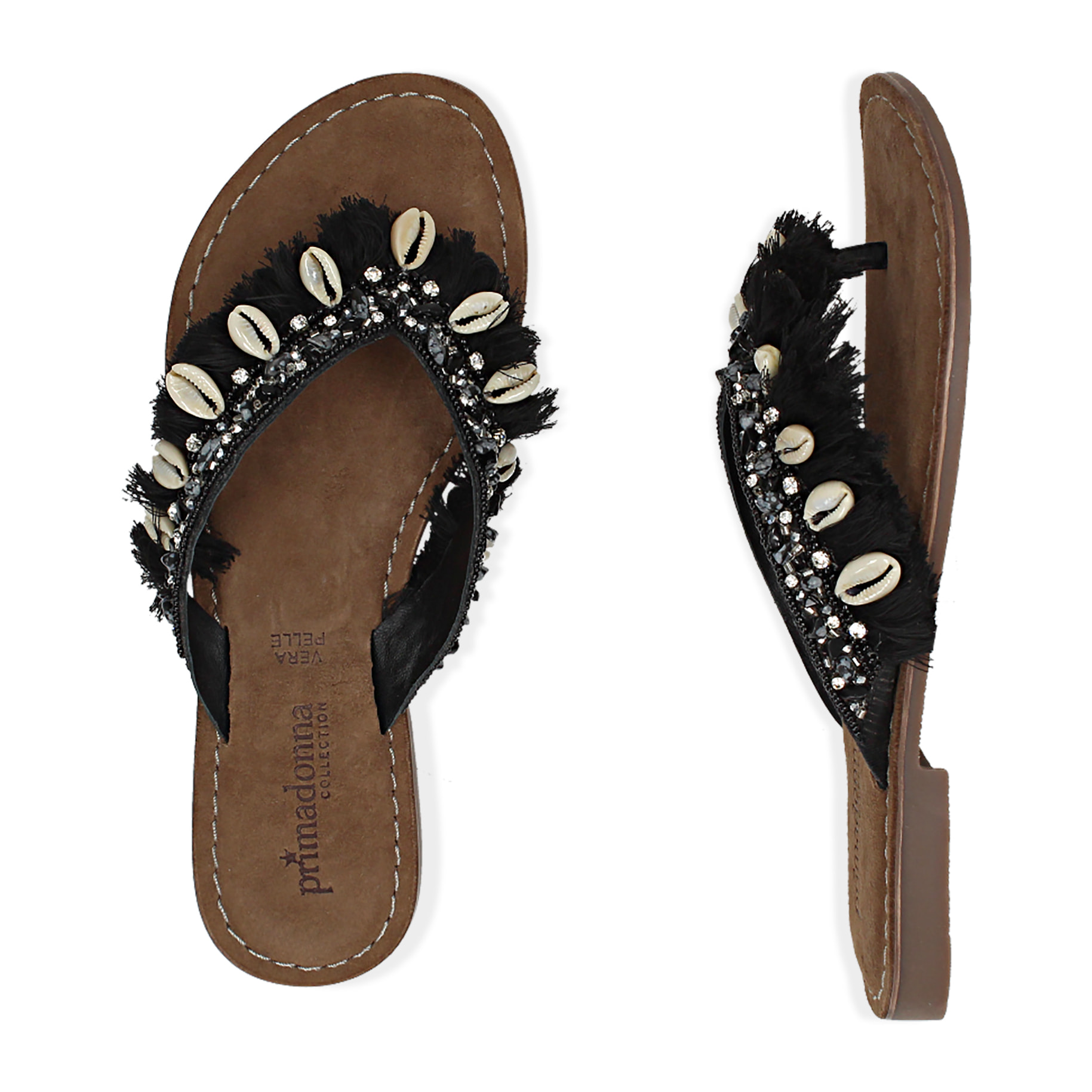 Chanclas de raso negro con conchas
