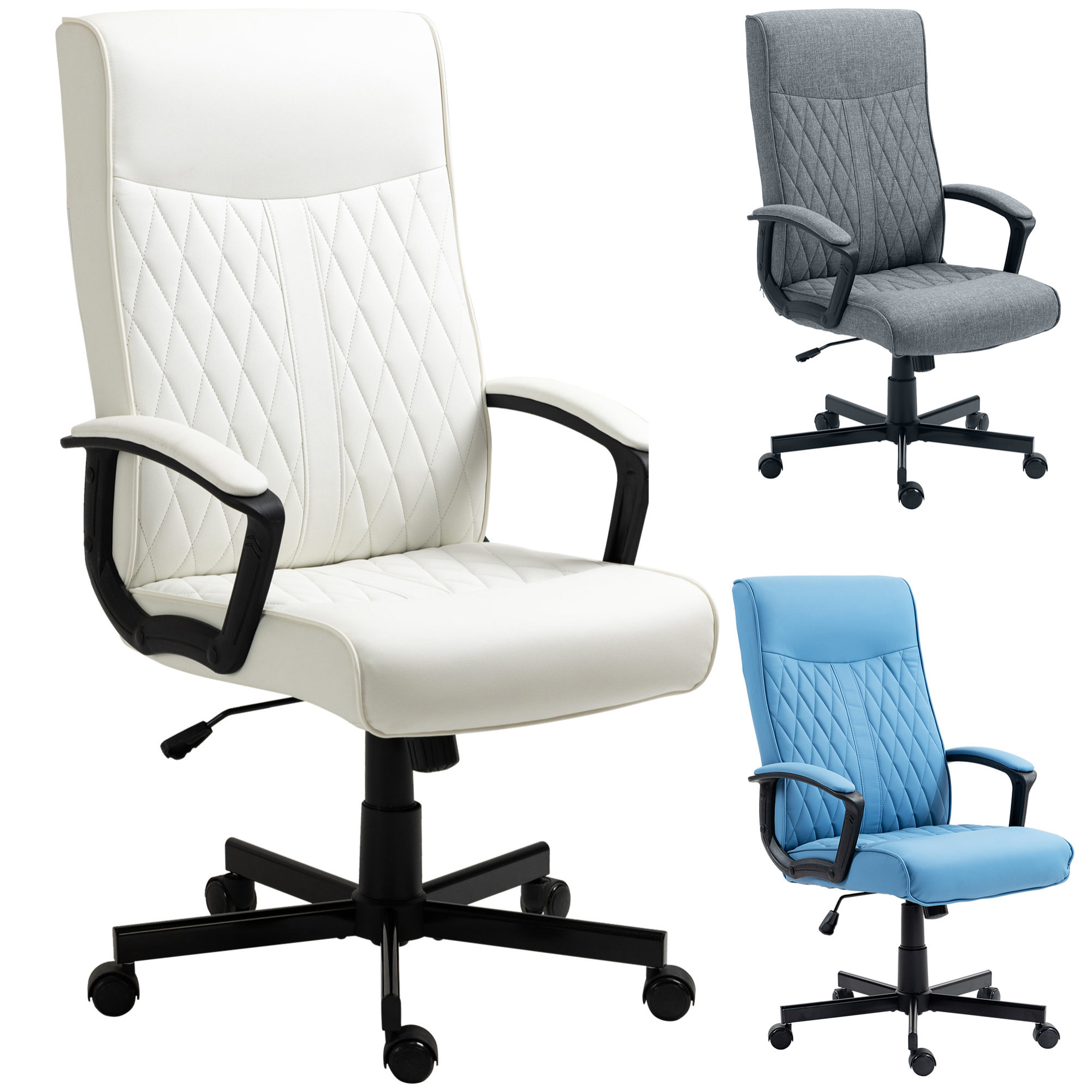 Silla de Oficina Giratoria Silla de Escritorio Basculante Tapizado en PU con Respaldo Alto y Altura Ajustable para Salón Oficina Carga 120 kg 65x72x102-112,5 cm Blanco Roto