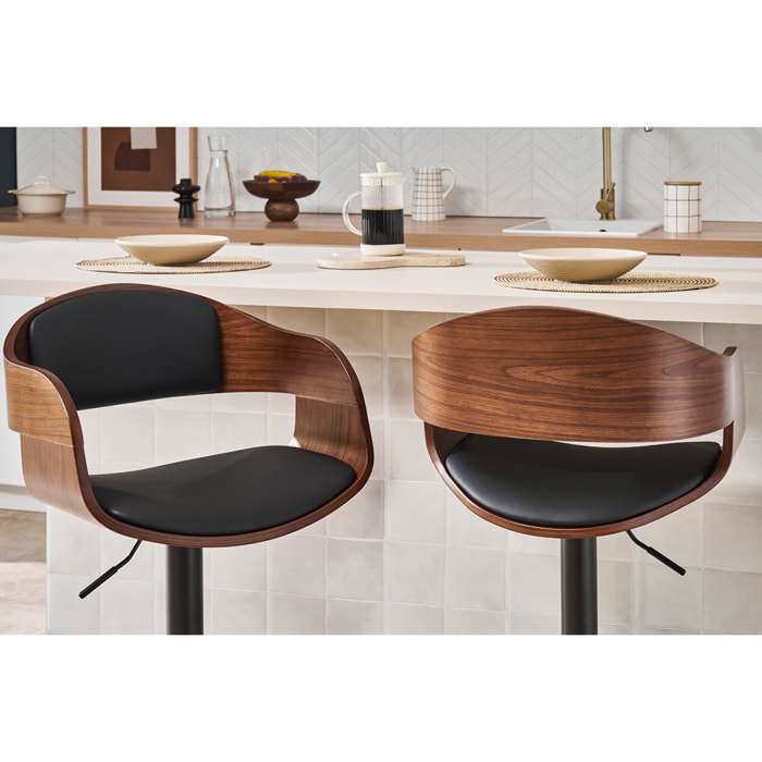 Tabouret de bar design réglable noir et bois foncé EUSTACHE