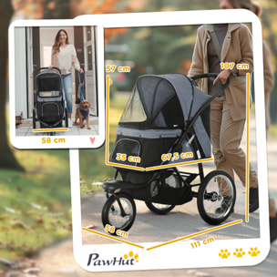 PawHut Carrito para Perros Plegable Cochecito para Mascotas Carrito para Perros Medianos Pequeños con Cesta de Almacenaje Capota Ajustable Ventana de Malla y 3 Ruedas Grandes 111x58x107 cm Gris