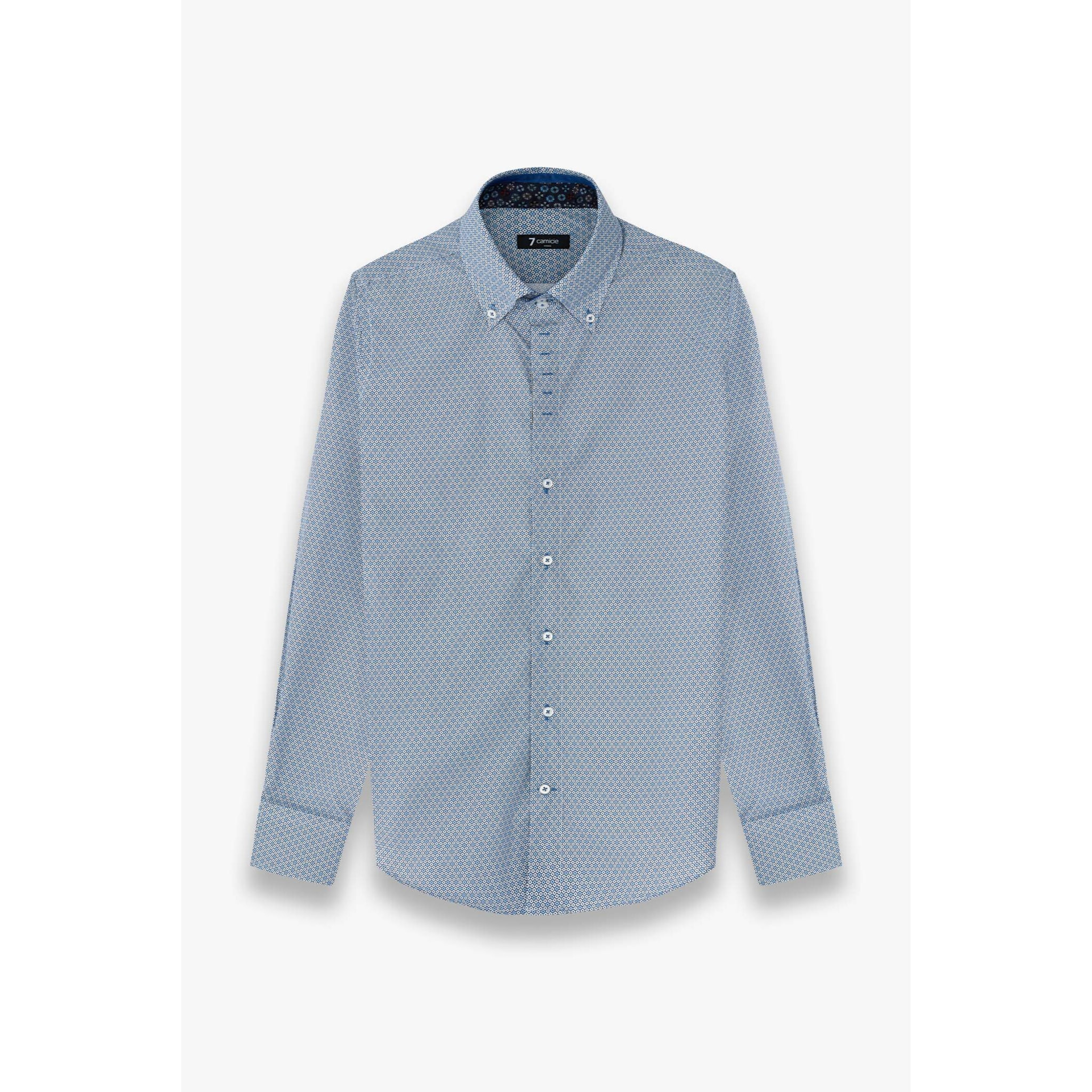 Camicia Uomo 2 Bottoni Button Down Slim Popeline Stampato Bianco/Celeste
