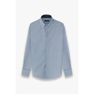 Camicia Uomo 2 Bottoni Button Down Slim Popeline Stampato Bianco/Celeste
