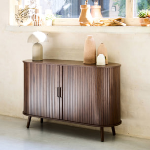 Buffet scandinave 2 portes coulissantes. 4 compartiments. effet bois rainuré. couleur noyer. buffet bas. L 120 x P 40 x H 75cm