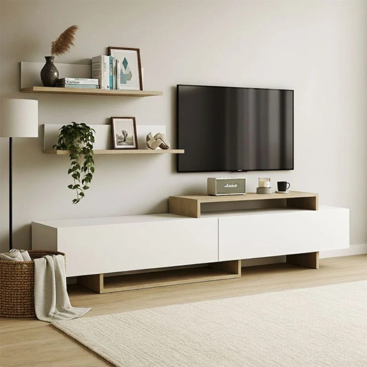 Salón Bender con mueble TV y estanterías blanco artik alpino 200 cm Blanco Artik (Blanco Mate) - Alpino