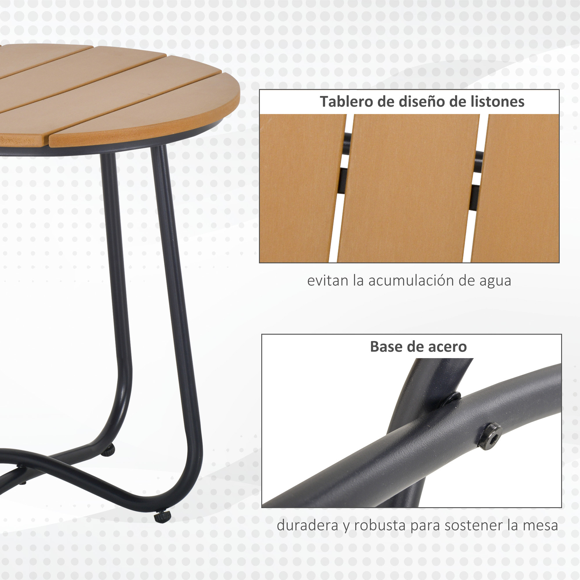 Mesa Auxiliar Redonda Mesa de Jardín Exterior con Diseño de Listones y Patas Ajustables Mesa para Exterior Terraza Patio Ø49x48 cm Natural y Negro