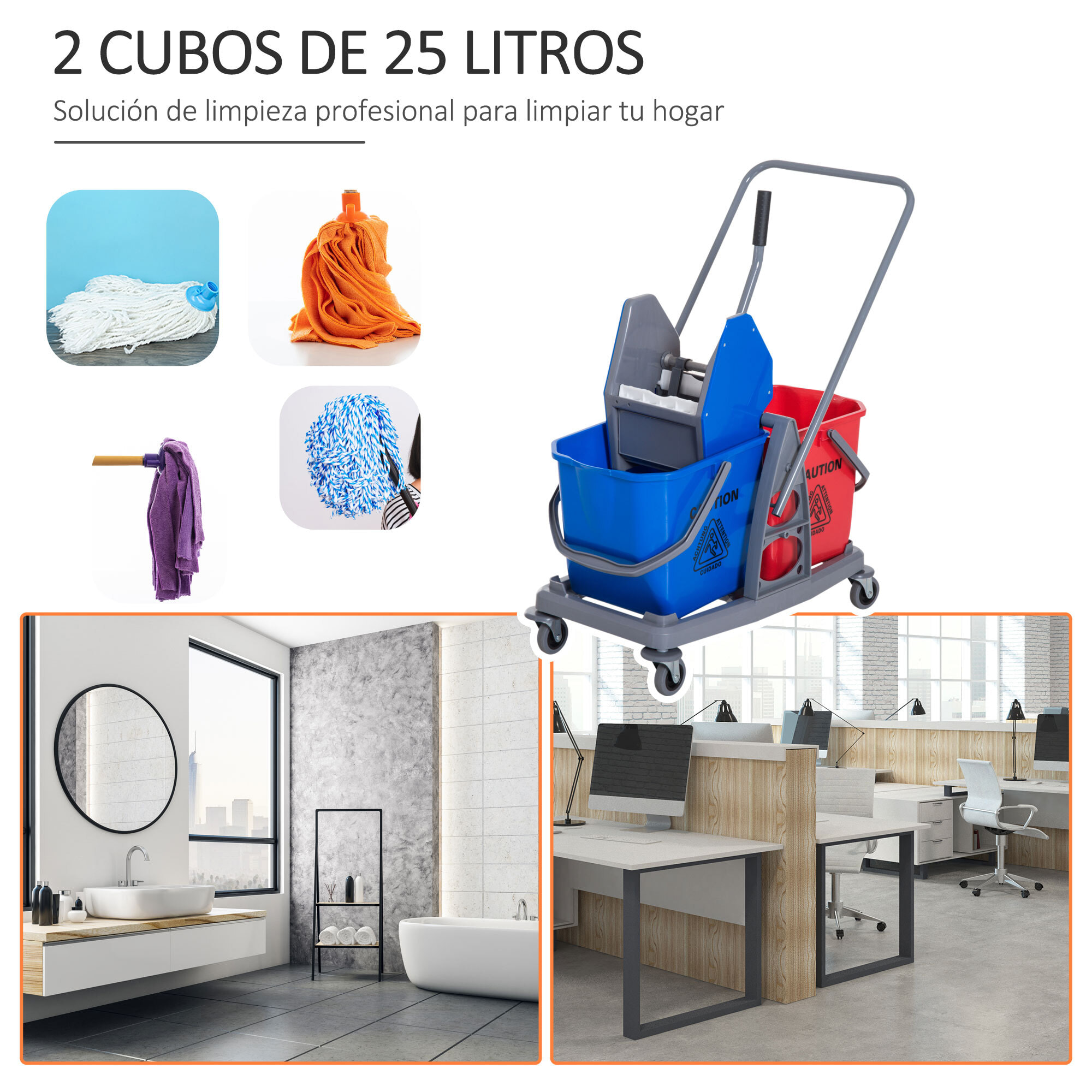 HOMCOM Carro de Limpieza Profesional Carro de Fregado de Metal con 2 Cubos de 25 Litros Extraíbles Escurridor Prensa Manual y 4 Ruedas 73x45x92 cm Rojo y Azul