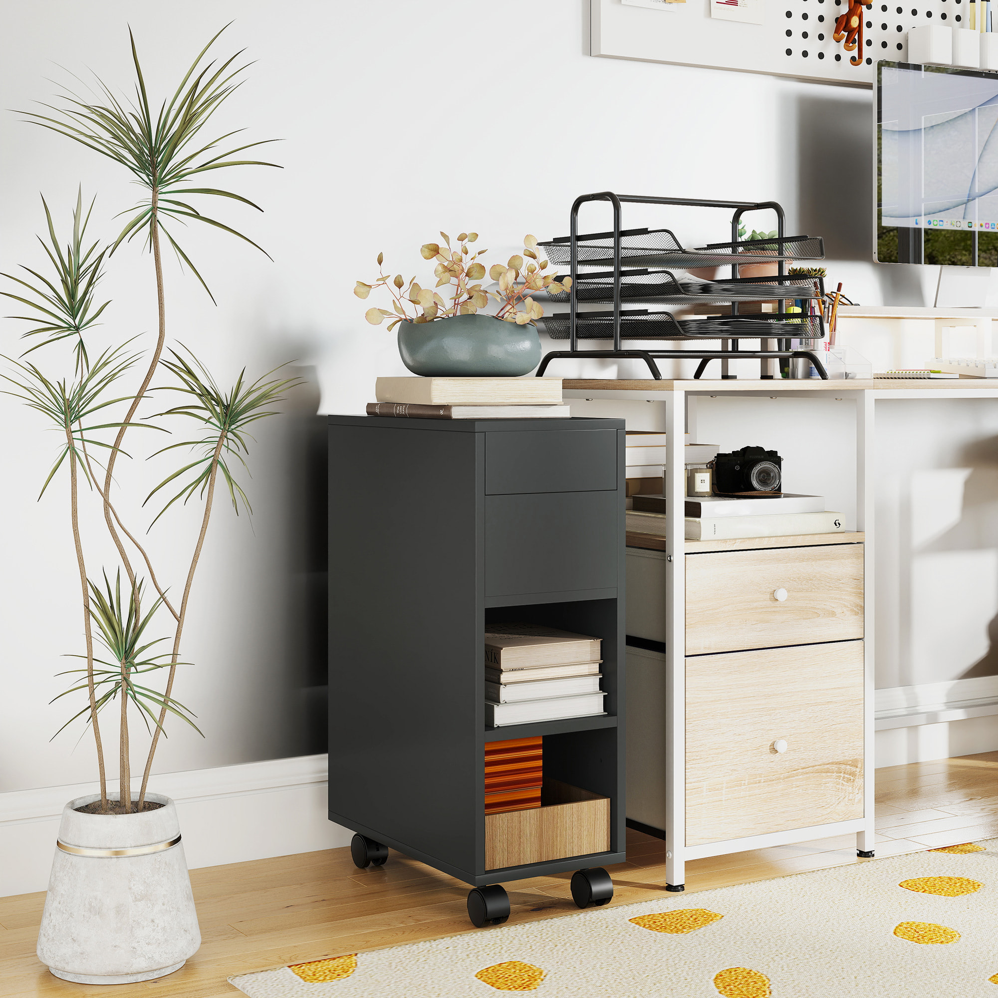 Mesa Auxiliar con Encimera Deslizante y Ruedas, Mesita Auxiliar con Almacenamiento Oculto y Estante Ajustable, para Salón, Dormitorio, Negro