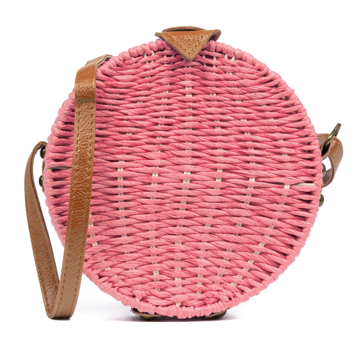 IRIA QUINTANA Borsa a tracolla da donna Cuneo. Tessuto Paglia Pelle Sintetica PU 18x4x18 Cm. Colore: rosa chiaro
