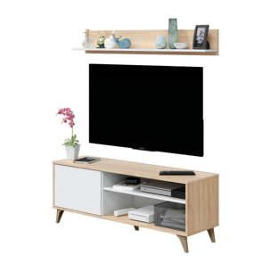 Mobile porta TV Mesa, Credenza per televisione da soggiorno con 1 anta, Supporto TV da salotto, Madia di design, cm 135x40h50, Rovere