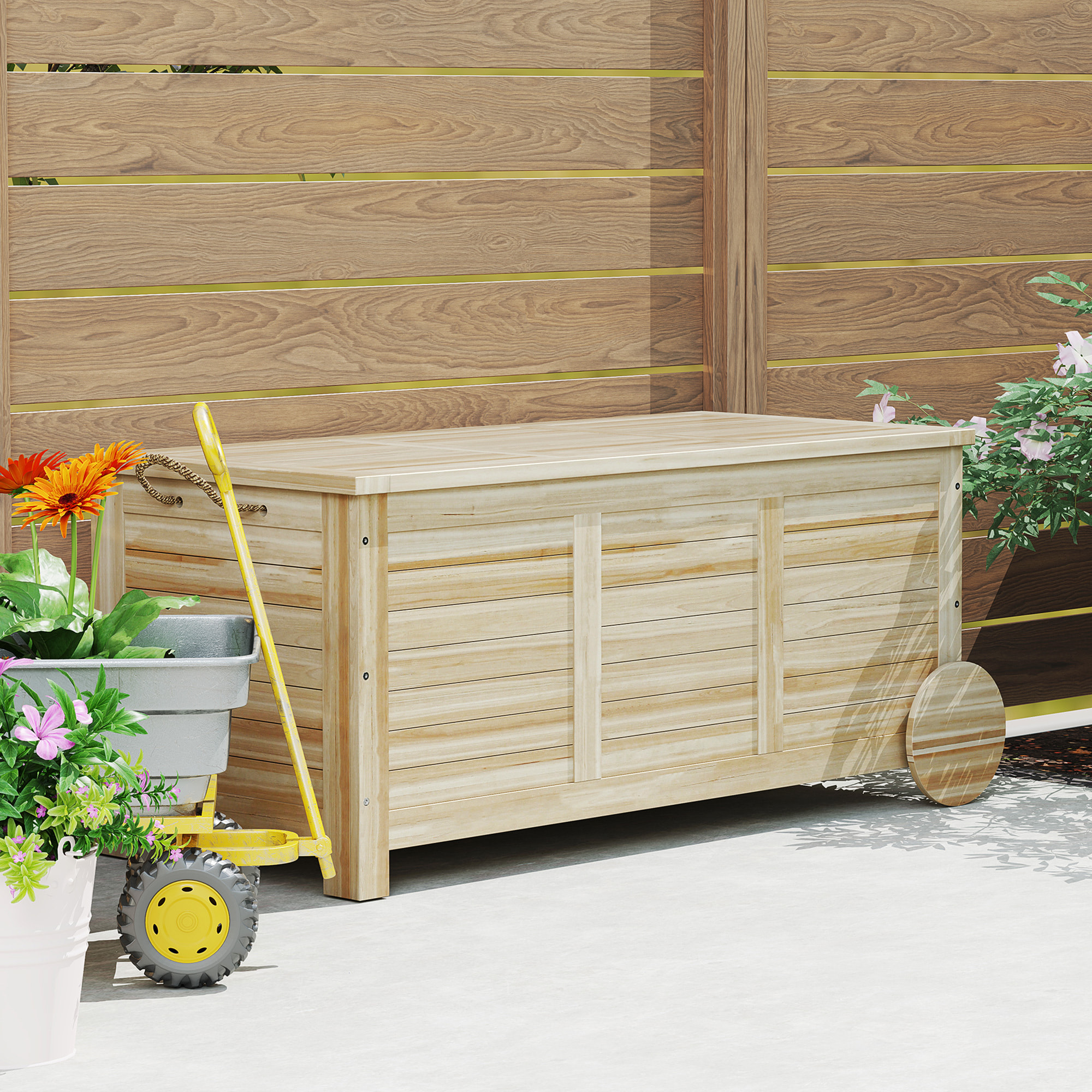 Baúl de Almacenaje Exterior 185L Arcón de Jardín de Madera Impermeable con Tapa Abrible 2 Ruedas Cuerdas de Lino Bisagras Metálicas y Forro Interno 110x50x50 cm Natural